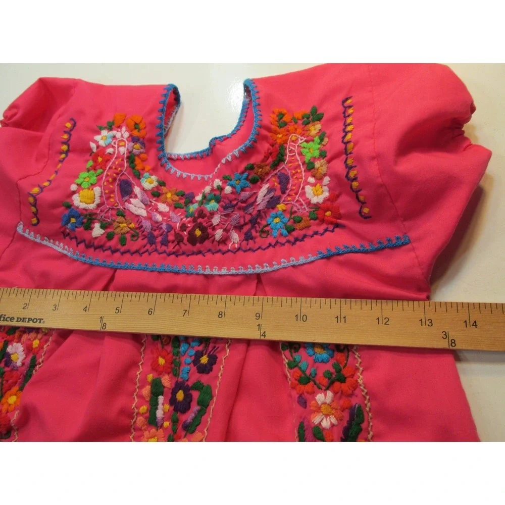 OAXACA Dress Girls 6/7 Pink Floral Embroidery Traditional Mexican Folk Puebla